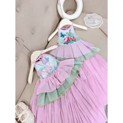 Váy bé gái, set áo yếm hoa mẫu đơn kèm chân váy tím dài dập ly size 10-30kg
