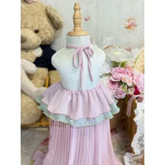 Váy bé gái, set áo yếm hoa mẫu đơn kèm chân váy tím dài dập ly size 10-30kg