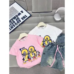 Quần áo bé gái, set bộ áo cotton họa tiết Mickey 28 kèm quần short jean lửng cho bé 15-35kg