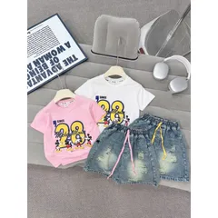 Quần áo bé gái, set bộ áo cotton họa tiết Mickey 28 kèm quần short jean lửng cho bé 15-35kg