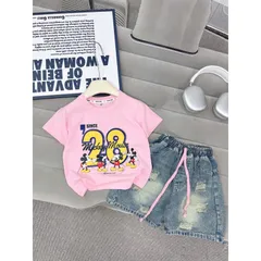Quần áo bé gái, set bộ áo cotton họa tiết Mickey 28 kèm quần short jean lửng cho bé 15-35kg