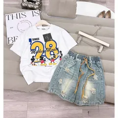 Quần áo bé gái, set bộ áo cotton họa tiết Mickey 28 kèm quần short jean lửng cho bé 15-35kg