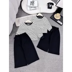 Quần áo bé gái, set bộ áo dài tay kẻ ngang và quần nỉ ống rộng cho bé (size 12–40kg)