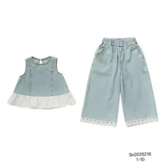 Quần áo bé gái, set áo sát nách kèm quần suông chất jean tone xanh nhạt cho bé 12-30kg