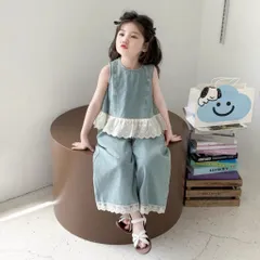 Quần áo bé gái, set áo sát nách kèm quần suông chất jean tone xanh nhạt cho bé 12-30kg
