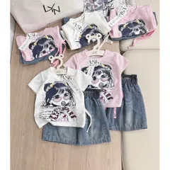 Quần áo bé gái, set áo ren cotton cô gái kẹo mút kèm quần jean lửng cho bé 9-27kg