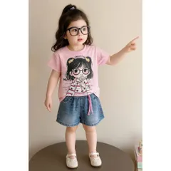 Quần áo bé gái, set áo ren cotton cô gái kẹo mút kèm quần jean lửng cho bé 9-27kg