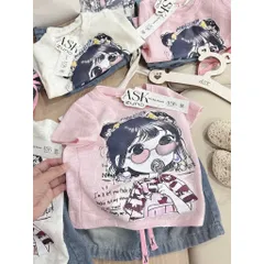 Quần áo bé gái, set áo ren cotton cô gái kẹo mút kèm quần jean lửng cho bé 9-27kg