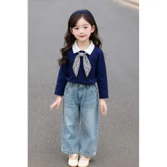 Quần áo bé gái, set áo sơ mi kèm khăn lụa phối quần Jean ống suông rộng dài cho bé 10-35kg