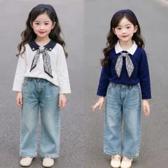 Quần áo bé gái, set áo sơ mi kèm khăn lụa phối quần Jean ống suông rộng dài cho bé 10-35kg