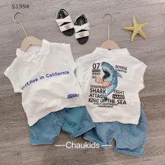 Quần áo bé trai, set bộ quần áo cotton cổ trụ tay hến phối quần short jean mềm họa tiết cá mập cho bé