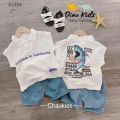 Quần áo bé trai, set bộ quần áo cotton cổ trụ tay hến phối quần short jean mềm họa tiết cá mập cho bé