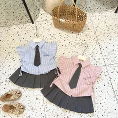 Đồng phục học sinh, set áo sơ mi kẻ kèm cà vạt và chân váy xếp ly sz 14-32kg