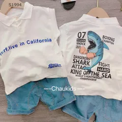 Quần áo bé trai, set bộ quần áo cotton cổ trụ tay hến phối quần short jean mềm họa tiết cá mập cho bé