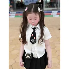 Đồng phục học sinh, set đồng phục bé gái: áo sơ mi, chân váy xếp ly và cà vạt HELLO KITTY cho bé 12-35kg