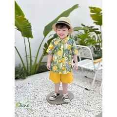 Bộ cộc tay bé trai, bộ đũi áo cổ tàu hoa lá mát lạnh cho bé đi biển cho bé