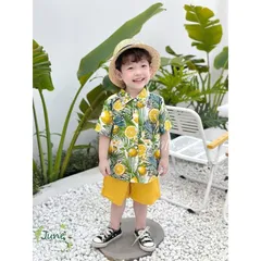 Bộ cộc tay bé trai, bộ đũi áo cổ tàu hoa lá mát lạnh cho bé đi biển cho bé