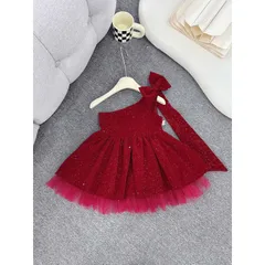 Váy bé gái, váy nhung kim tuyến đỏ lệch vai bồng bềnh cho bé 10-30kg