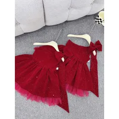 Váy bé gái, váy nhung kim tuyến đỏ lệch vai bồng bềnh cho bé 10-30kg