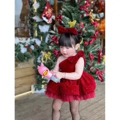 Váy bé gái, váy nhung kim tuyến đỏ lệch vai bồng bềnh cho bé 10-30kg
