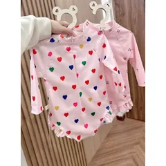 Đồ bơi cho bé, bikini liền dài tay họa tiết Cherrry và hình tim cho bé 10-30kg