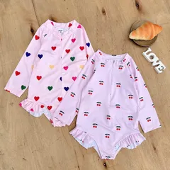 Đồ bơi cho bé, bikini liền dài tay họa tiết Cherrry và hình tim cho bé 10-30kg