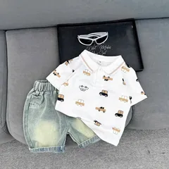 Quần áo cộc tay bé trai, set bộ áo polo họa tiết ô tô kèm quần short jean cho bé 10-30kg
