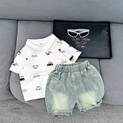 Quần áo cộc tay bé trai, set bộ áo polo họa tiết ô tô kèm quần short jean cho bé 10-30kg