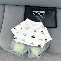 Quần áo cộc tay bé trai, set bộ áo polo họa tiết ô tô kèm quần short jean cho bé 10-30kg