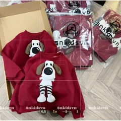 Áo nỉ Noel cho bé, áo nỉ 2 da đỏ thêu đắp chú chó bông siêu xinh cho bé trai và bé gái size 8-30kg