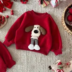 Áo nỉ Noel cho bé, áo nỉ 2 da đỏ thêu đắp chú chó bông siêu xinh cho bé trai và bé gái size 8-30kg