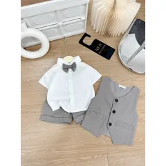 Quần áo bé trai, set bộ công tử 4ct: áo sơ mi, quẩn short, áo Gile và nơ cho bé 10-30kg