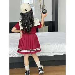 Váy bé gái, set 3ct: áo cotton M.IU, chân váy xếp ly và cổ thuyền cho bé 10-35kg
