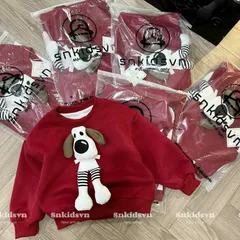 Áo nỉ Noel cho bé, áo nỉ 2 da đỏ thêu đắp chú chó bông siêu xinh cho bé trai và bé gái size 8-30kg