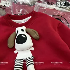 Áo nỉ Noel cho bé, áo nỉ 2 da đỏ thêu đắp chú chó bông siêu xinh cho bé trai và bé gái size 8-30kg