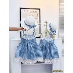 Váy bé gái, sét vầy 2 dây caro xanh dương tặng kèm mũ vành rộng cho bé 10-30kg