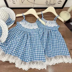 Váy bé gái, sét vầy 2 dây caro xanh dương tặng kèm mũ vành rộng cho bé 10-30kg