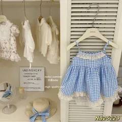 Váy bé gái, sét vầy 2 dây caro xanh dương tặng kèm mũ vành rộng cho bé 10-30kg