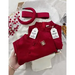 Áo dài cách tân cho bé, set 3ct cặp áo dài đỏ chất gấm vân hoa cho bé trai và bé gái size 10-30kg