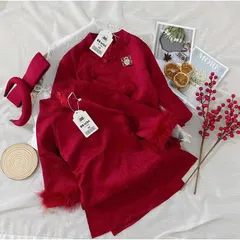 Áo dài cách tân cho bé, set 3ct cặp áo dài đỏ chất gấm vân hoa cho bé trai và bé gái size 10-30kg