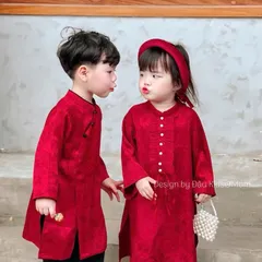 Áo dài cách tân cho bé, set áo dài đỏ chất vải lụa cho bé trai và bé gái mặc cặp size 8-22kg