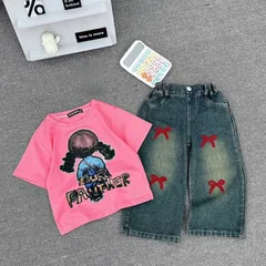 Quần áo bé gái, set bộ áo cotton cô gái BURI kèm quần jean suông đắp nơ đỏ cho bé 10-30kg
