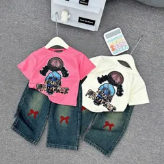 Quần áo bé gái, set bộ áo cotton cô gái BURI kèm quần jean suông đắp nơ đỏ cho bé 10-30kg