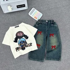 Quần áo bé gái, set bộ áo cotton cô gái BURI kèm quần jean suông đắp nơ đỏ cho bé 10-30kg