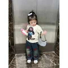 Quần áo bé gái, set bộ áo cotton cô gái BURI kèm quần jean suông đắp nơ đỏ cho bé 10-30kg