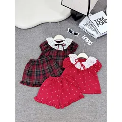 Đồ bộ bé gái, set bộ quần áo cộc tay chất thô đũi cổ ren cho bé 10-30kg