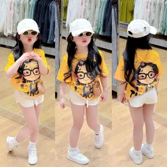 Quần áo bé gái, set áo cotton tone vàng tươi họa tiết cô gái kèm quần short trắng cho bé 10-50kg