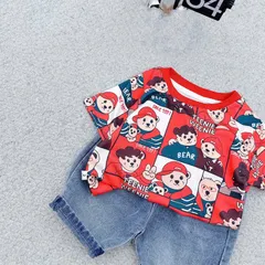 Quần áo bé trai, set bộ áo gấu đỏ kèm quần short jean cho bé 10-30kg