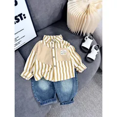 Quần áo bé trai, set bộ áo sơ mi dài tay kẻ đứng to kèm quần Jean cào rách sành điệu cho bé 10-30kg