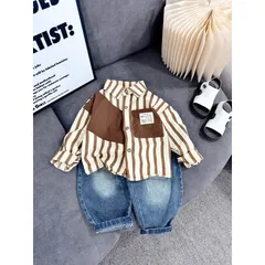 Quần áo bé trai, set bộ áo sơ mi dài tay kẻ đứng to kèm quần Jean cào rách sành điệu cho bé 10-30kg